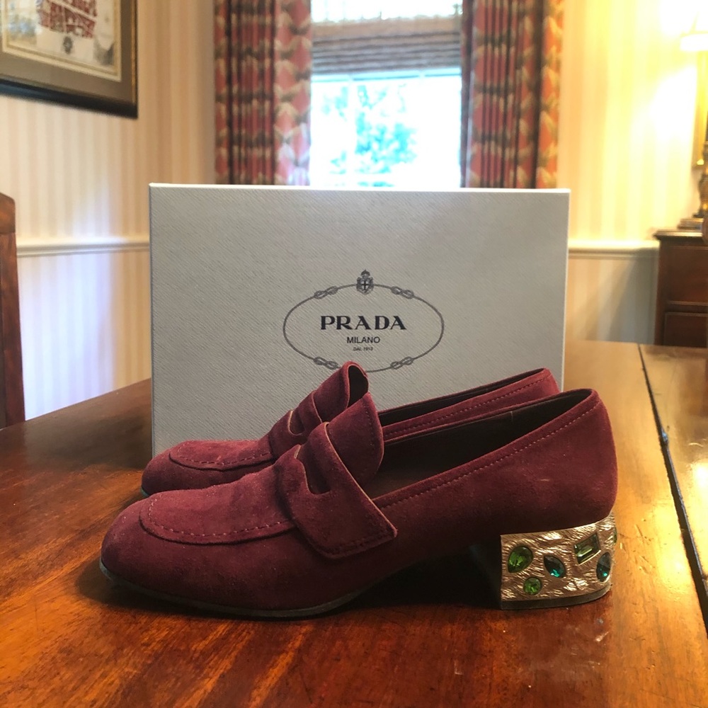 Prada suede jewel heel loafer 39